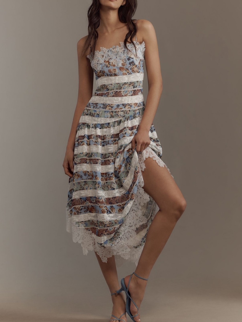 Anthropologie Striped Floral Lace-Trim Midi Dress in Blue, White and Brown